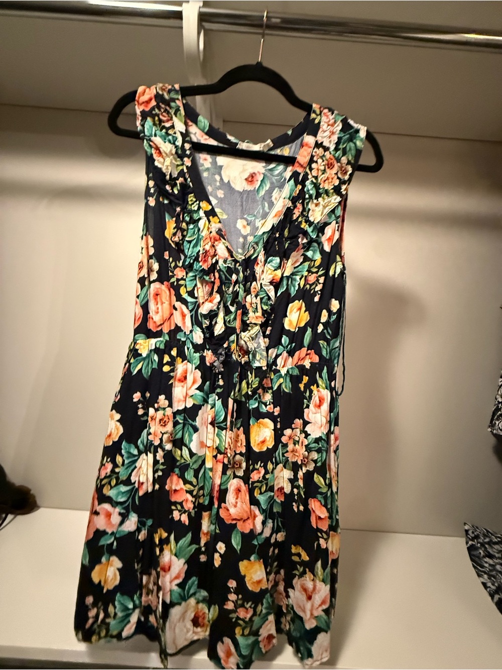 Floral V-Neck Navy Sleeveless Dress